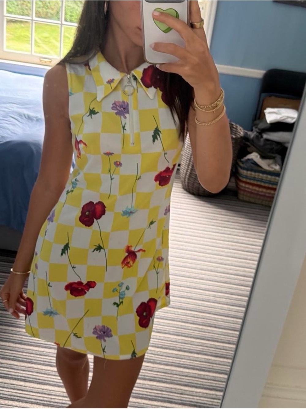 Que Yellow & White Check Floral Sleeveless Zip Dress